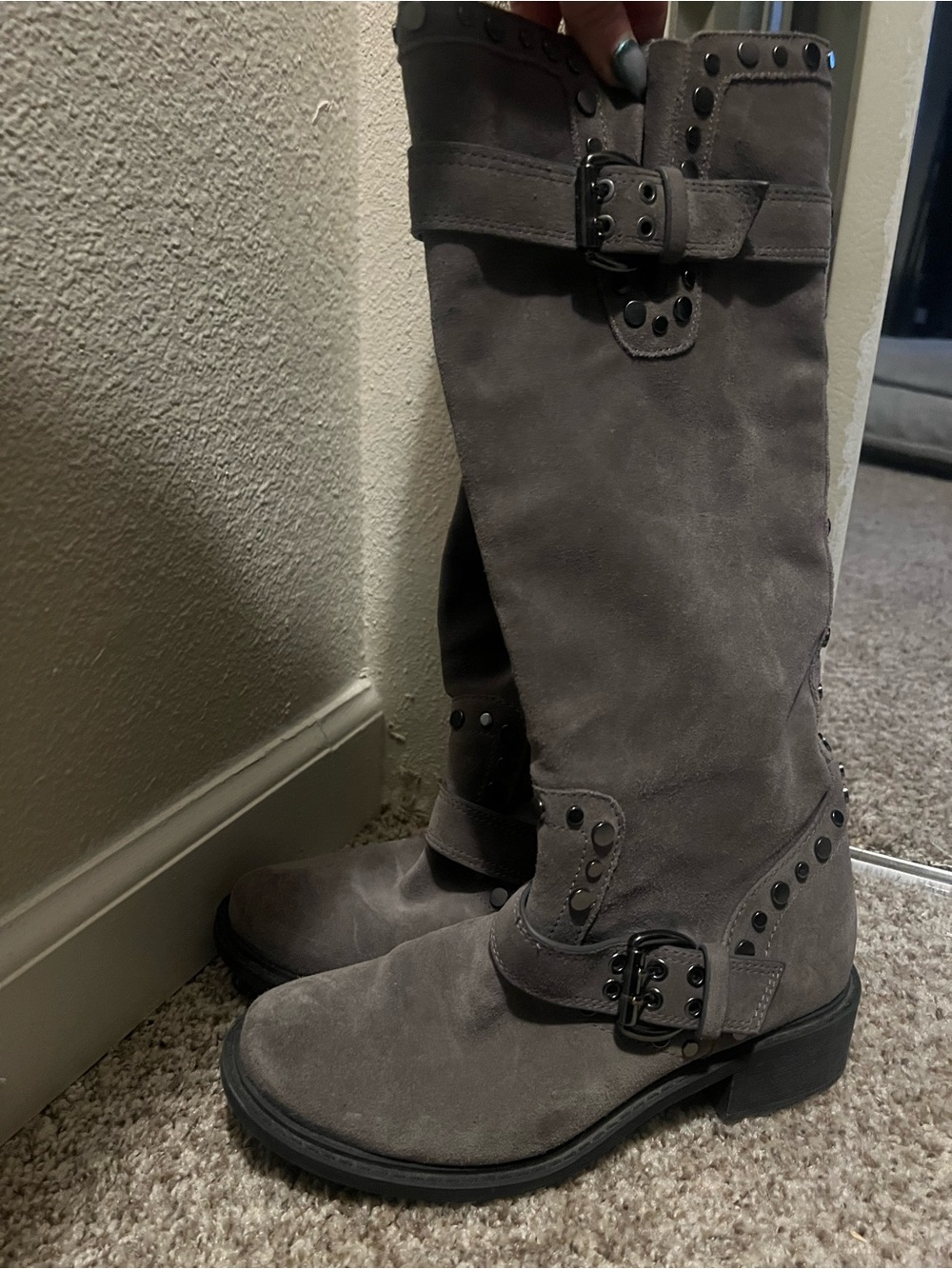 Suede Buckle Stud Knee-High Boots - Gray